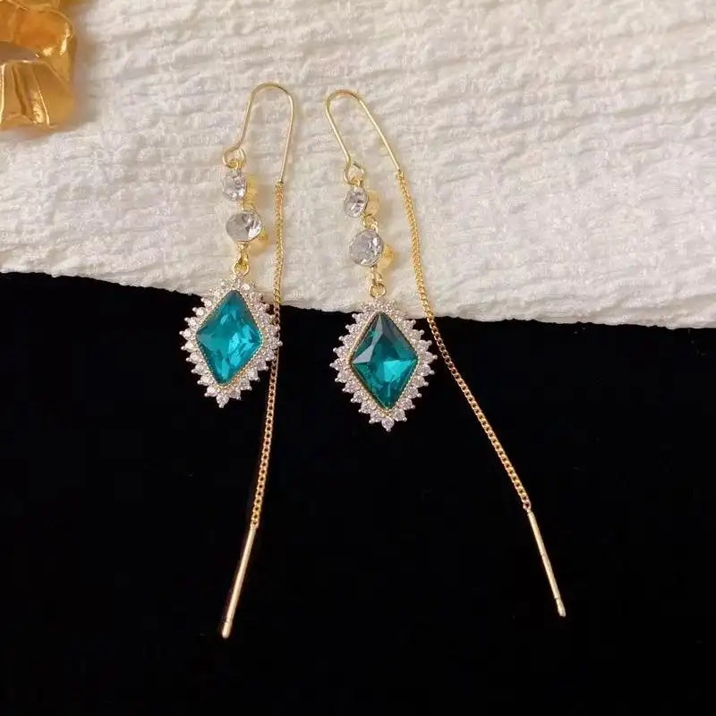 Crystal Rhombus Tassel Drop Earrings