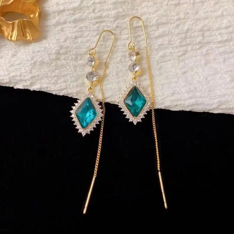 Crystal Rhombus Tassel Drop Earrings