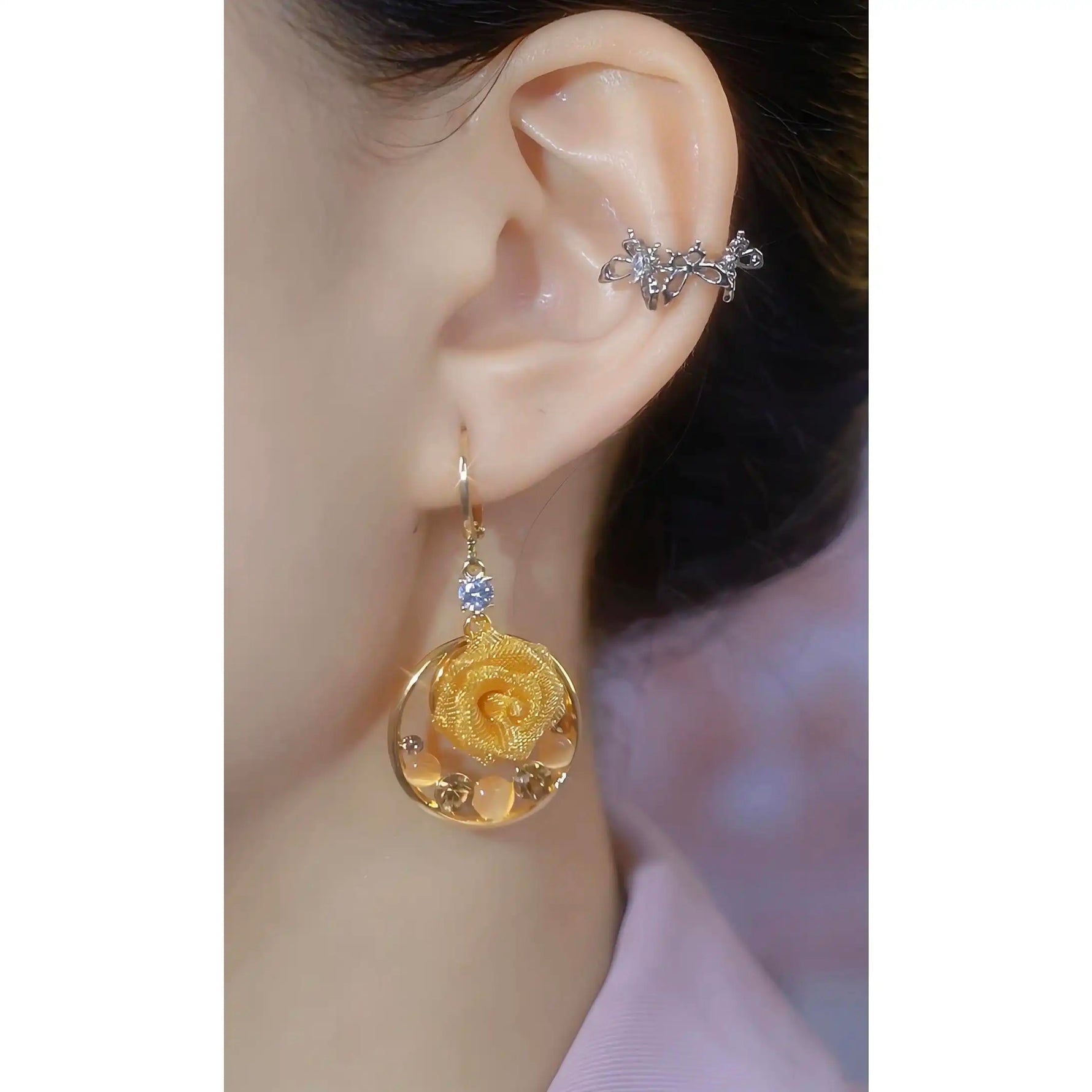 Crystal Rose Flower Circle Clip-On Earrings