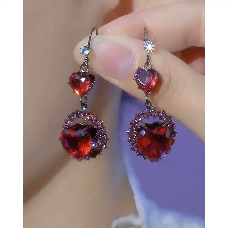 Crystal Ruby Red Heart Collarbone Jewelry Set