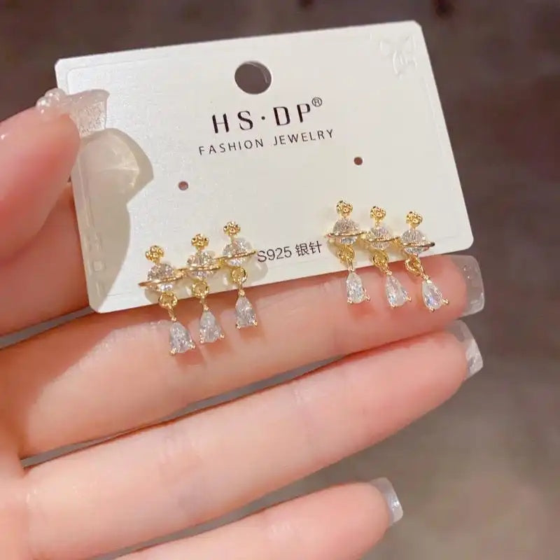 Crystal Saturn Teardrop Tassel Drop Earrings