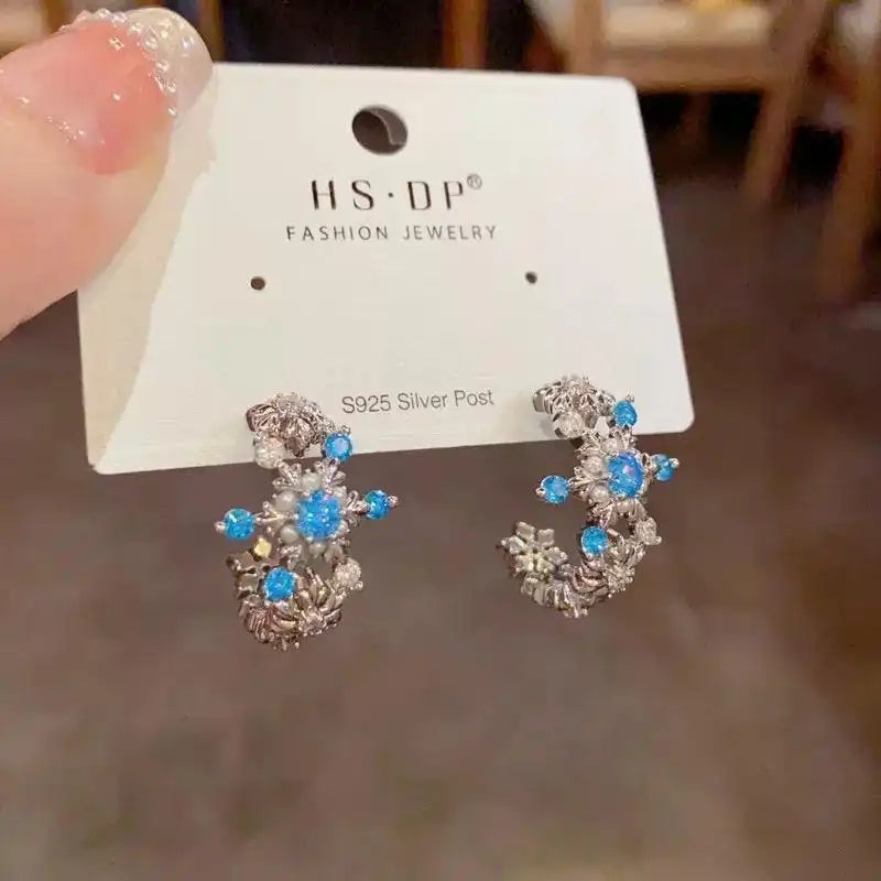 Crystal Snowflake C-Shaped Hoop Earrings
