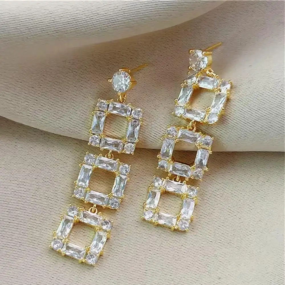 Crystal Tassel Needle Geometric Square Drop Earrings