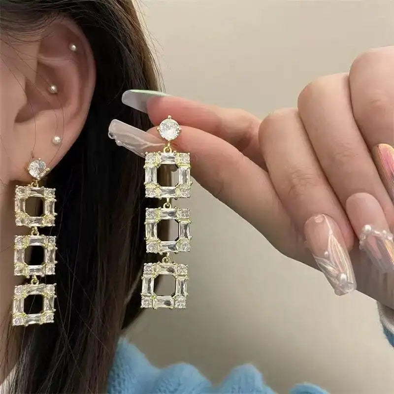 Crystal Tassel Needle Geometric Square Drop Earrings