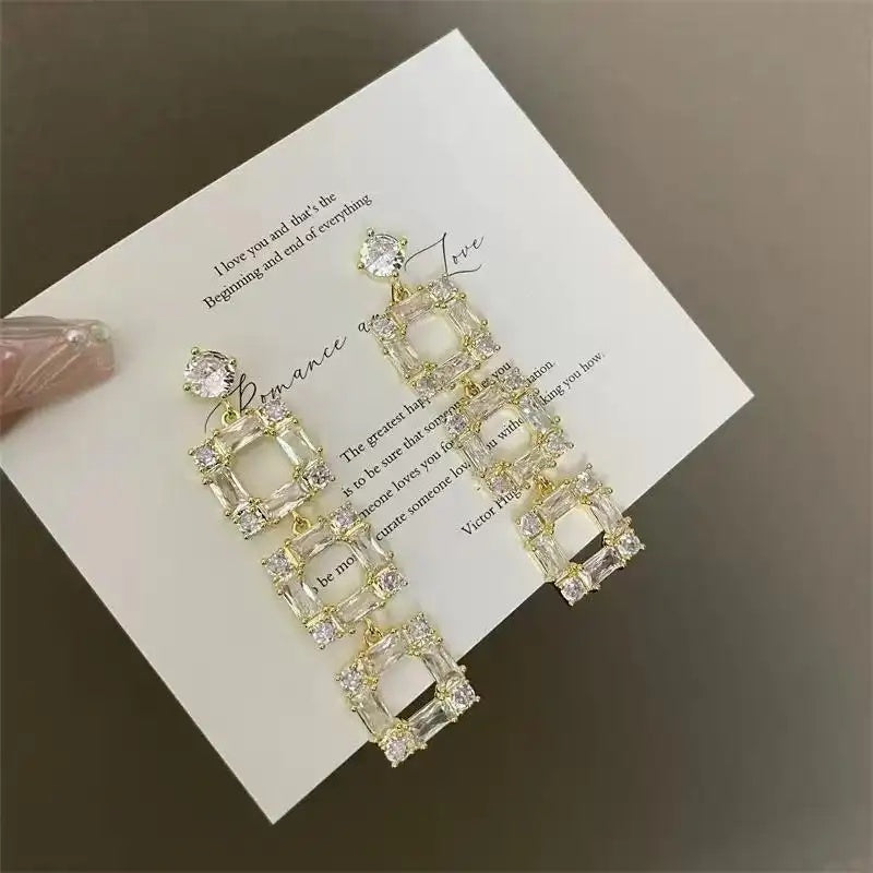 Crystal Tassel Needle Geometric Square Drop Earrings
