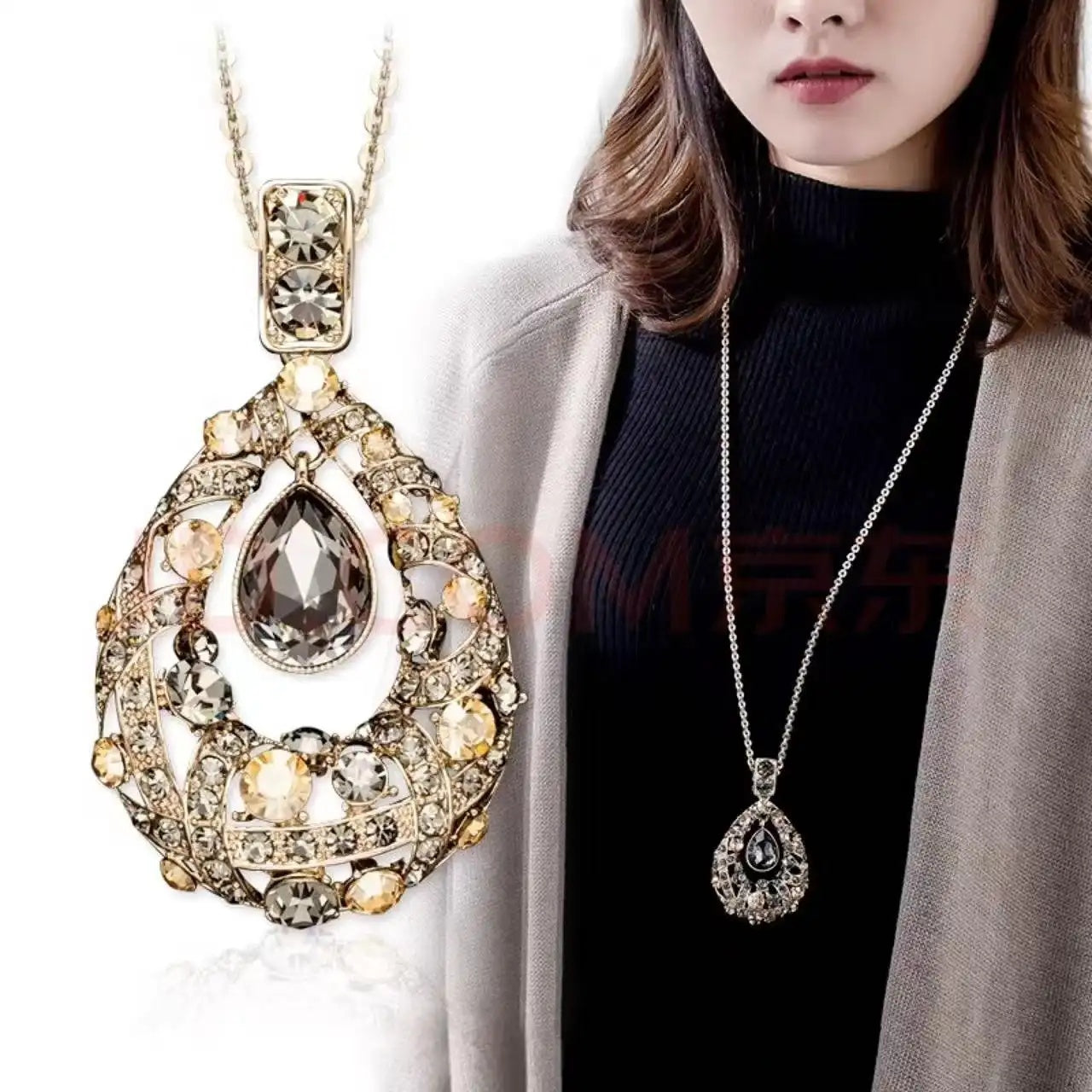 Crystal Teardrop Medallion Necklace
