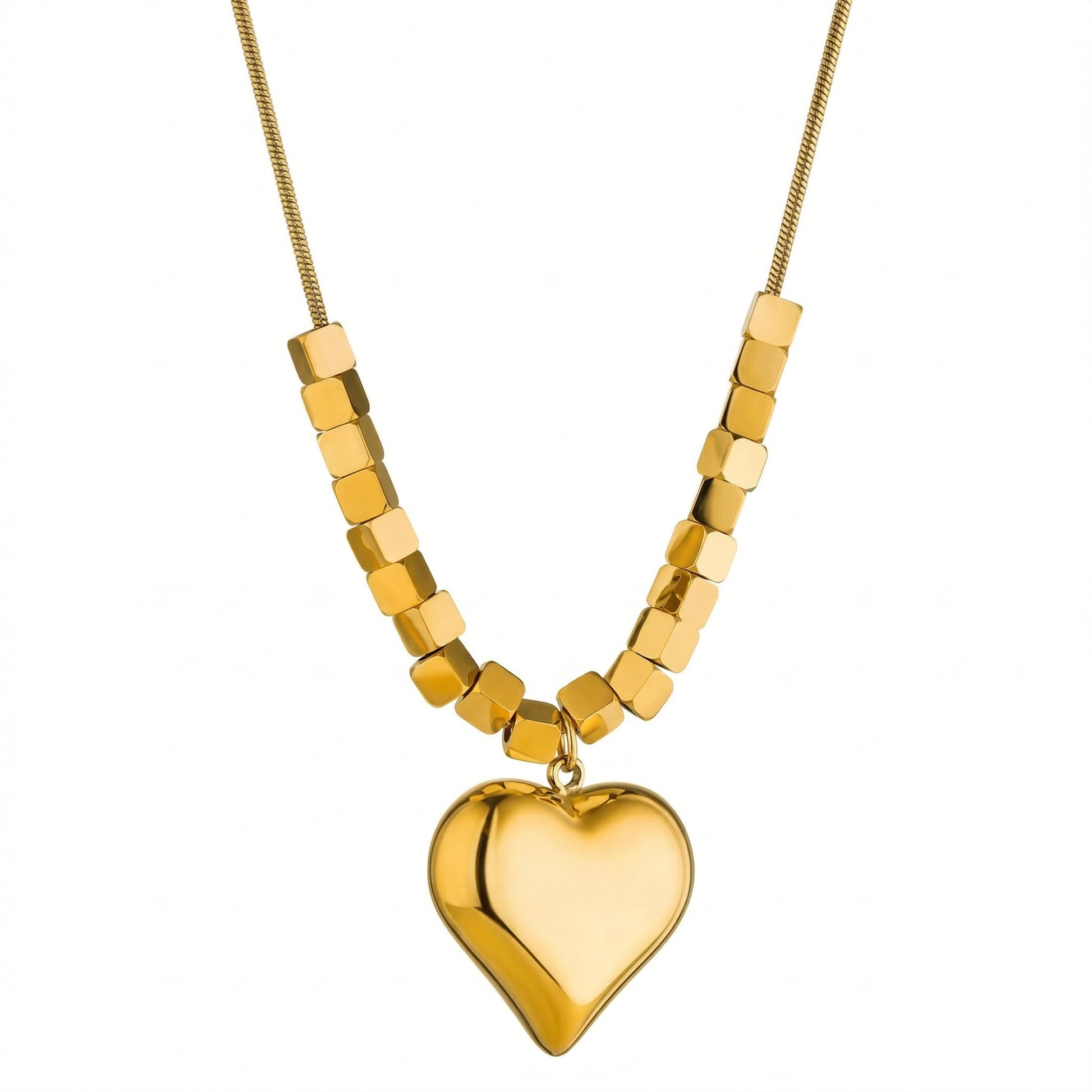 Cube Chain Puffed Heart Pendant Necklace