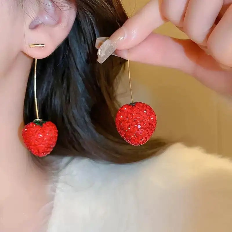 Diamond-Studded Strawberry Front and Back Earrings