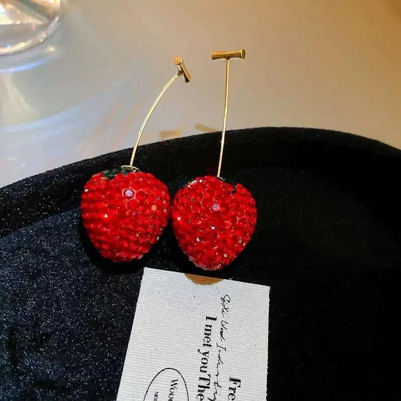 Diamond-Studded Strawberry Front and Back Earrings