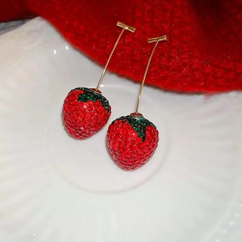 Diamond-Studded Strawberry Front and Back Earrings