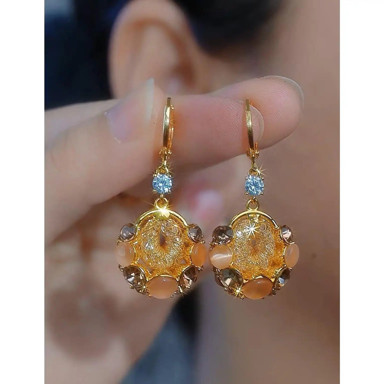 Double Circle Hollow Out Crystal Earrings