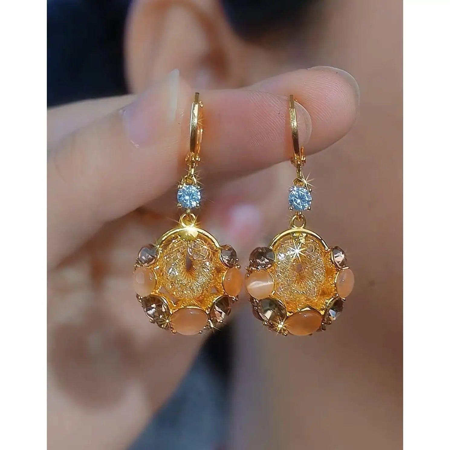 Double Circle Hollow Out Crystal Earrings