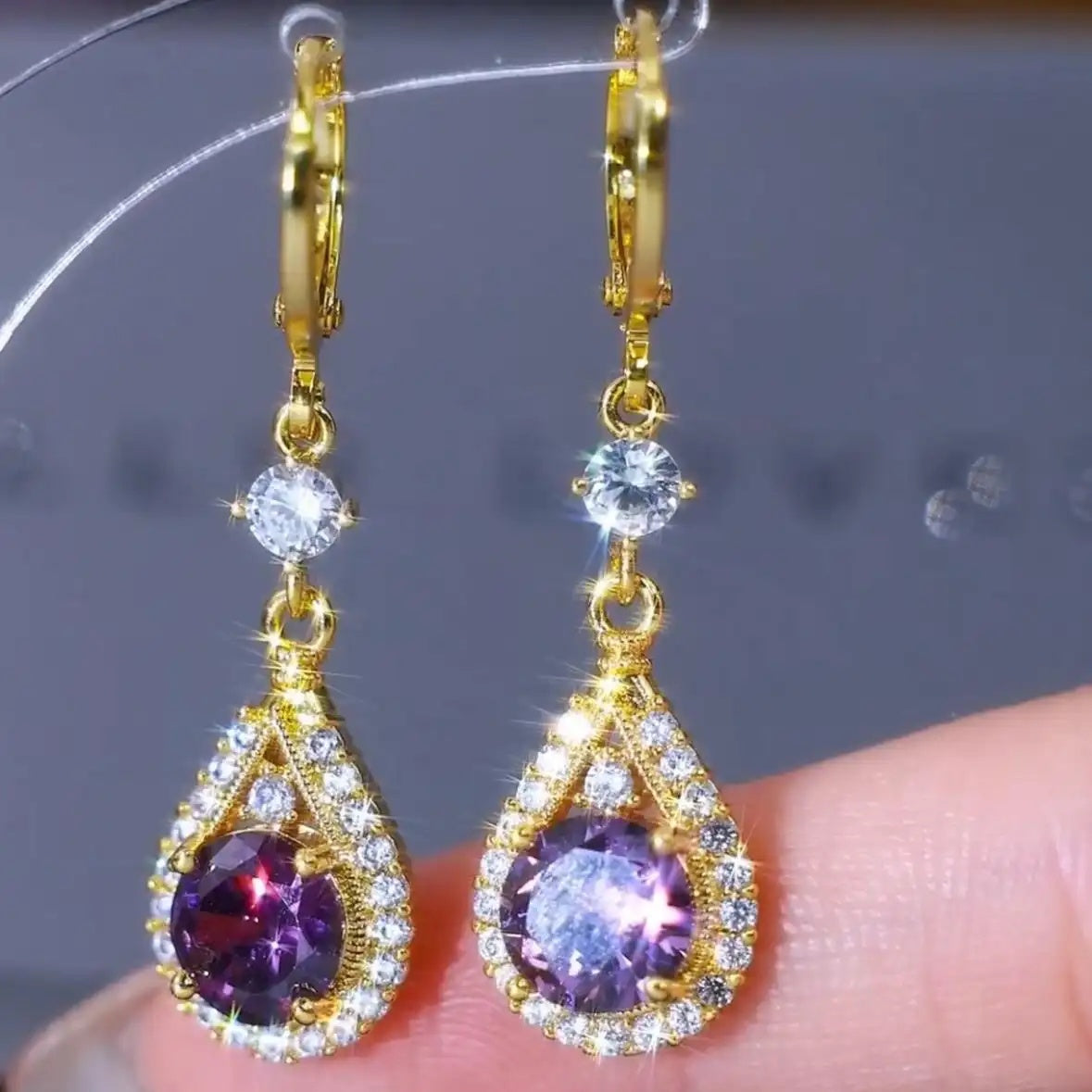 Double Purple Teardrop Drop Earrings