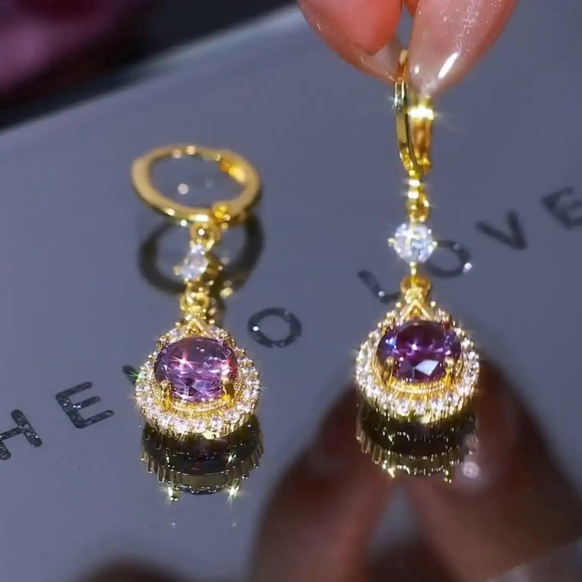 Double Purple Teardrop Drop Earrings
