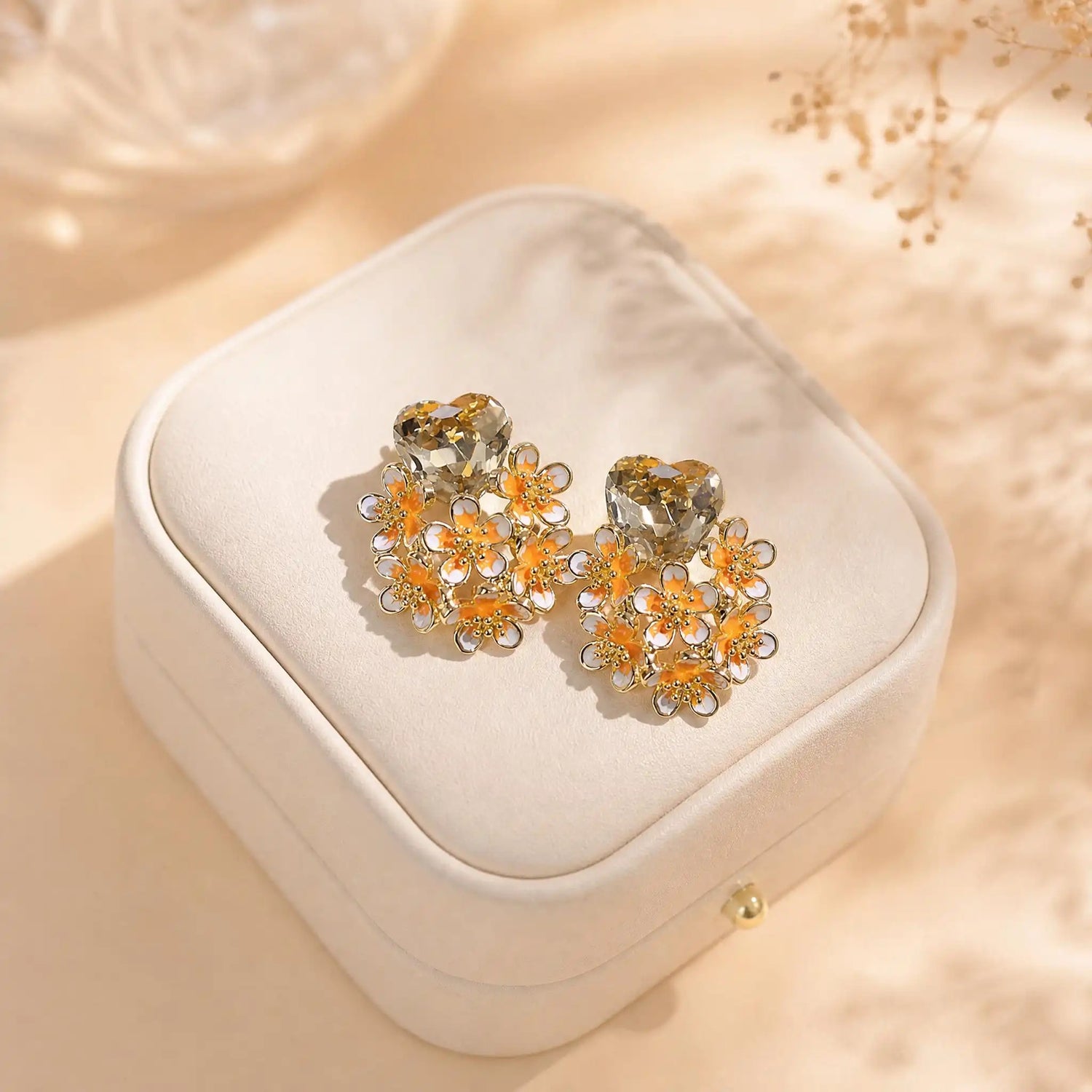 Enamel Heart Flower Stud Earrings