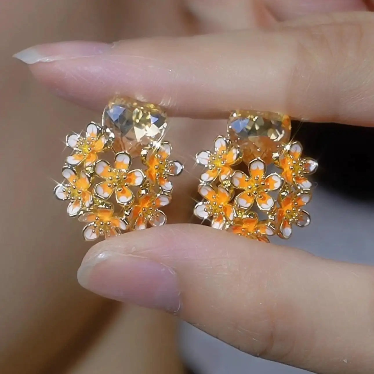 Enamel Heart Flower Stud Earrings