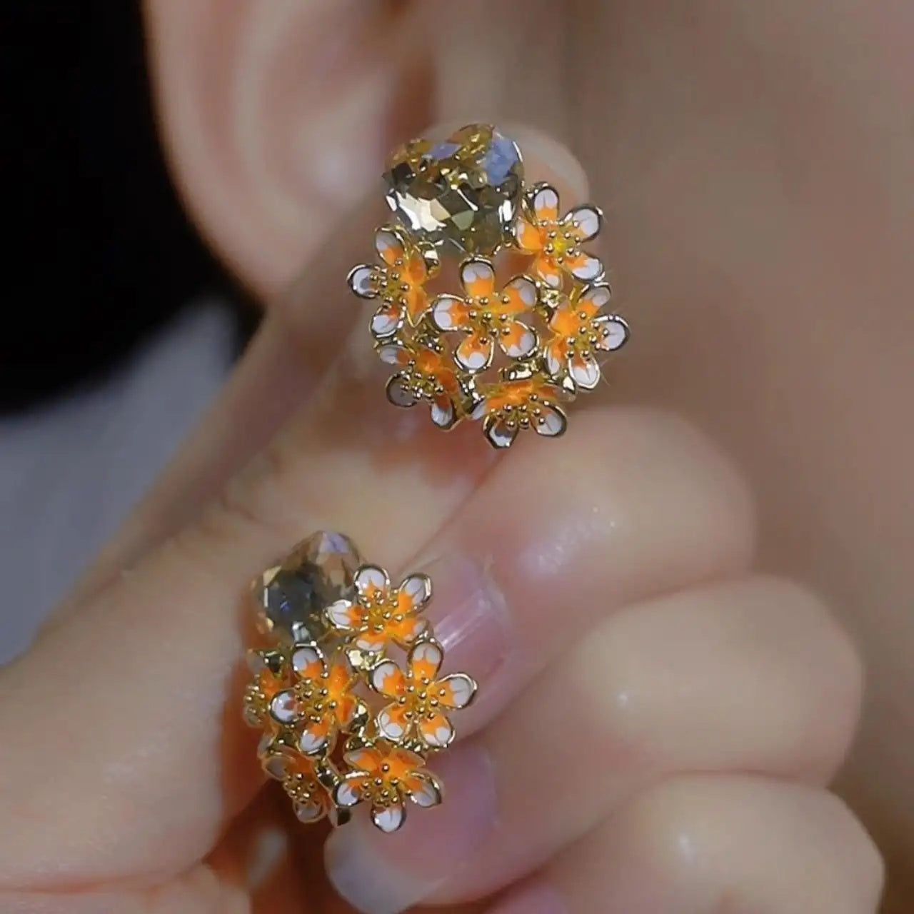 Enamel Heart Flower Stud Earrings