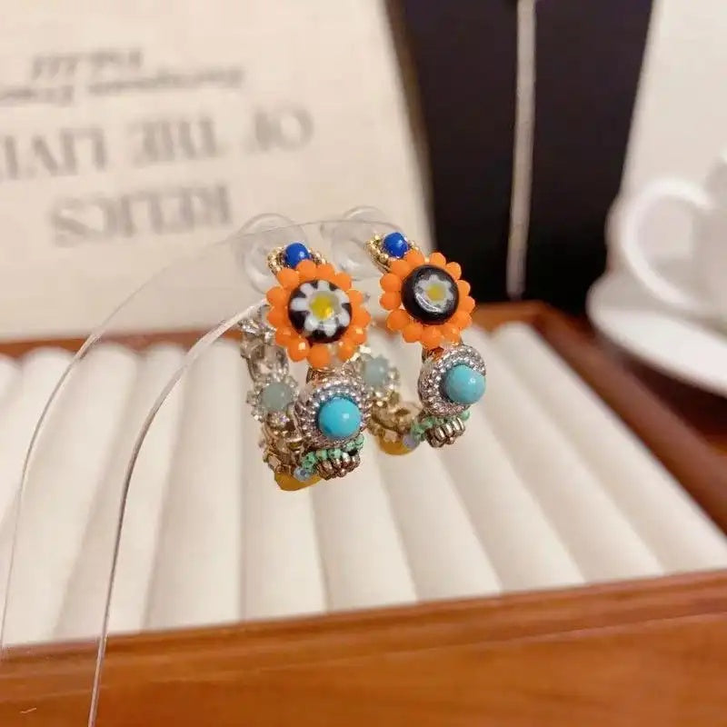 Euro-American Handmade Colorful Petal C-Shaped Hoop Earrings
