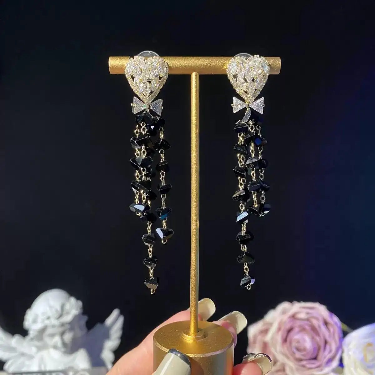 European and American Black Crystal Drop Earrings