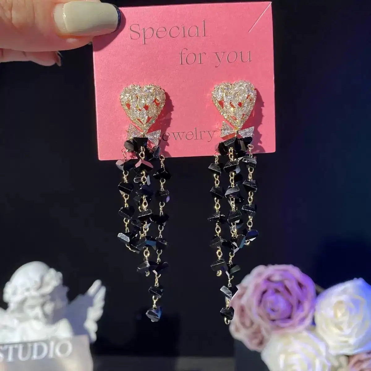 European and American Black Crystal Drop Earrings