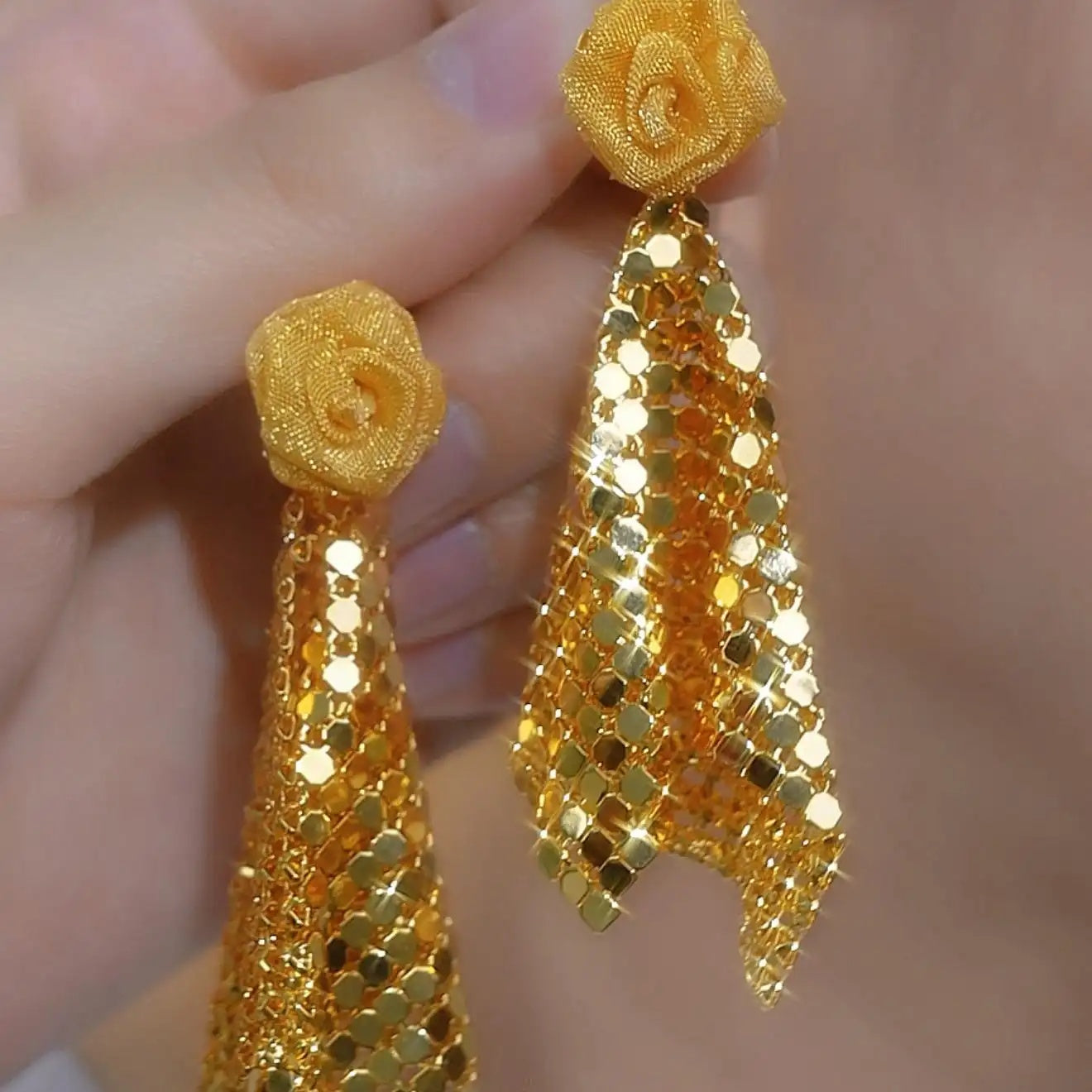 European Flower Rhombus Sequin Tassel Drop Earrings