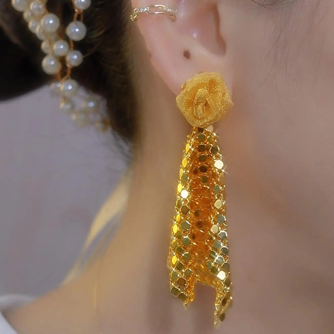 European Flower Rhombus Sequin Tassel Drop Earrings