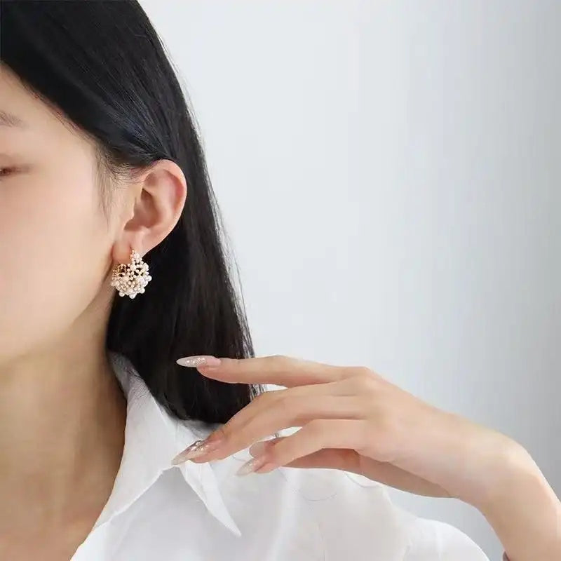 European Hollow Flower Basket Pearl Hoop Earrings