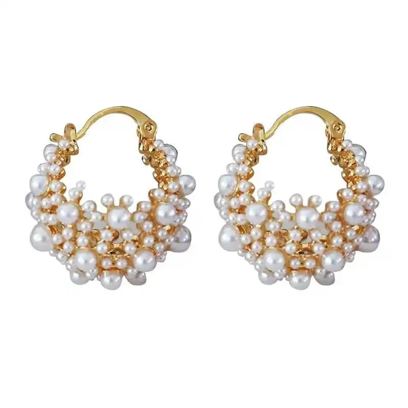 European Hollow Flower Basket Pearl Hoop Earrings