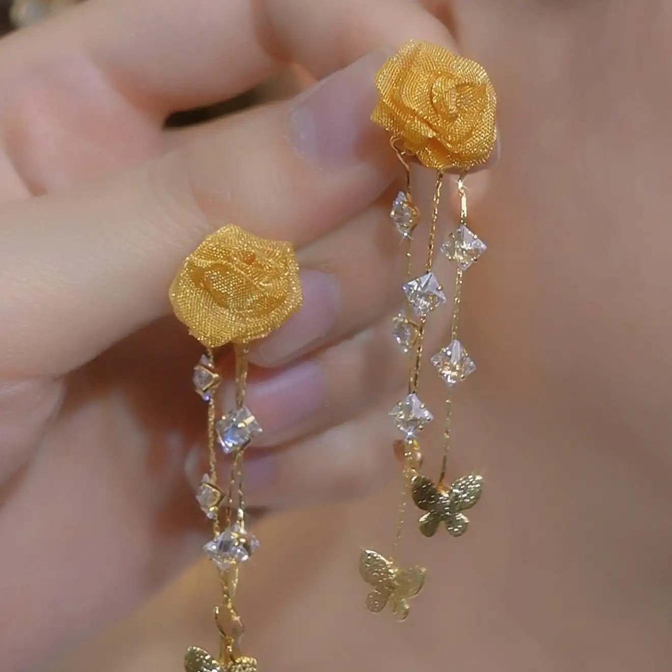 European Three-Dimensional Long Tassel Flower Drop Earrings