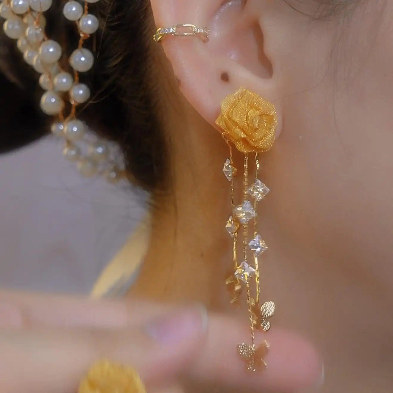 European Three-Dimensional Long Tassel Flower Drop Earrings