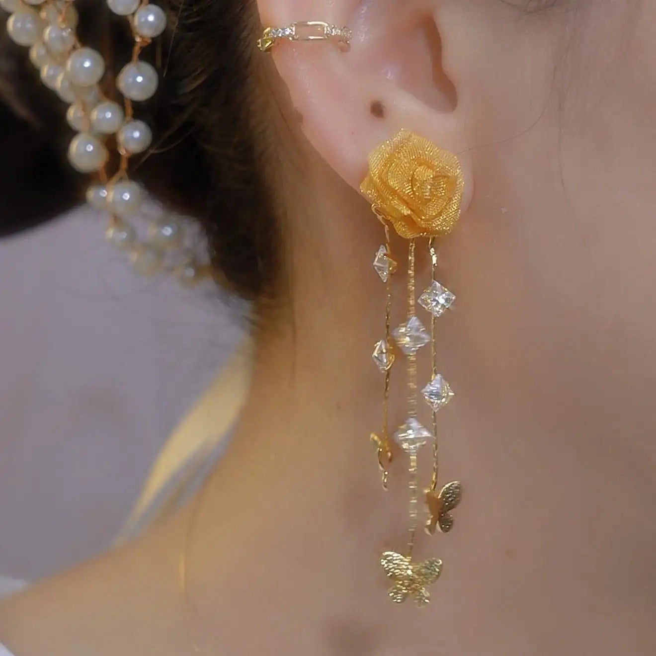 European Three-Dimensional Long Tassel Flower Drop Earrings