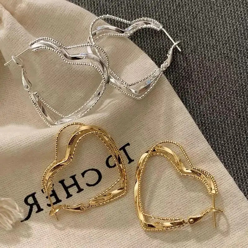 Exaggerated Multi-Layer Heart Clip-On Stud Earrings