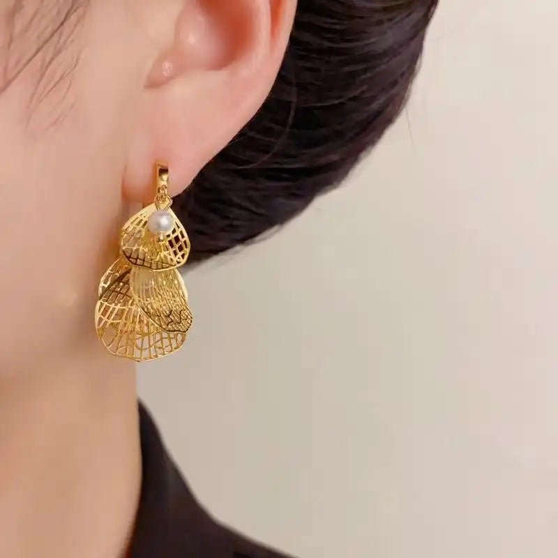 Exaggerated Pearl Petal Tassel Hoop Earrings
