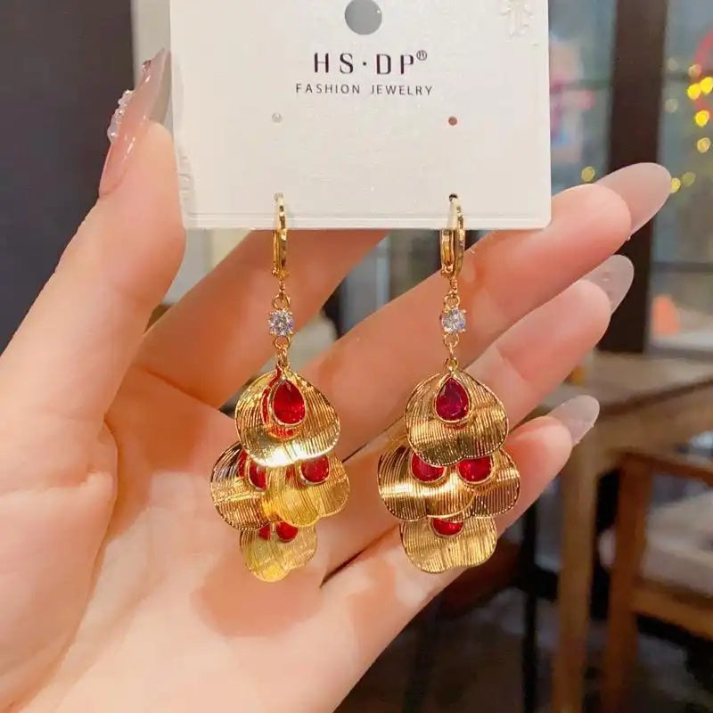 Exaggerated Red Teardrop Metal Leaf Drop Earrings