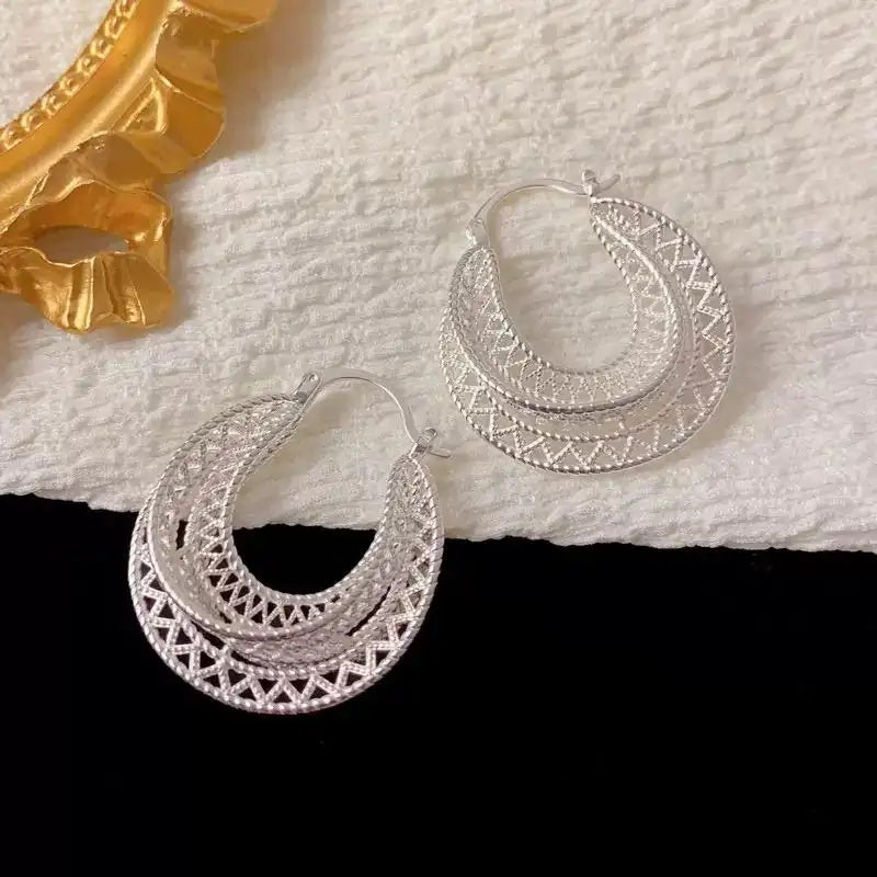 Exaggerated Thick Silver Metal Geometric Hoop Earrings