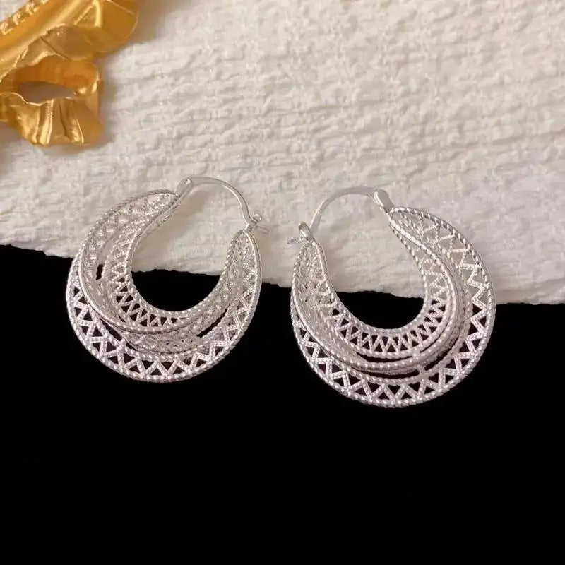 Exaggerated Thick Silver Metal Geometric Hoop Earrings
