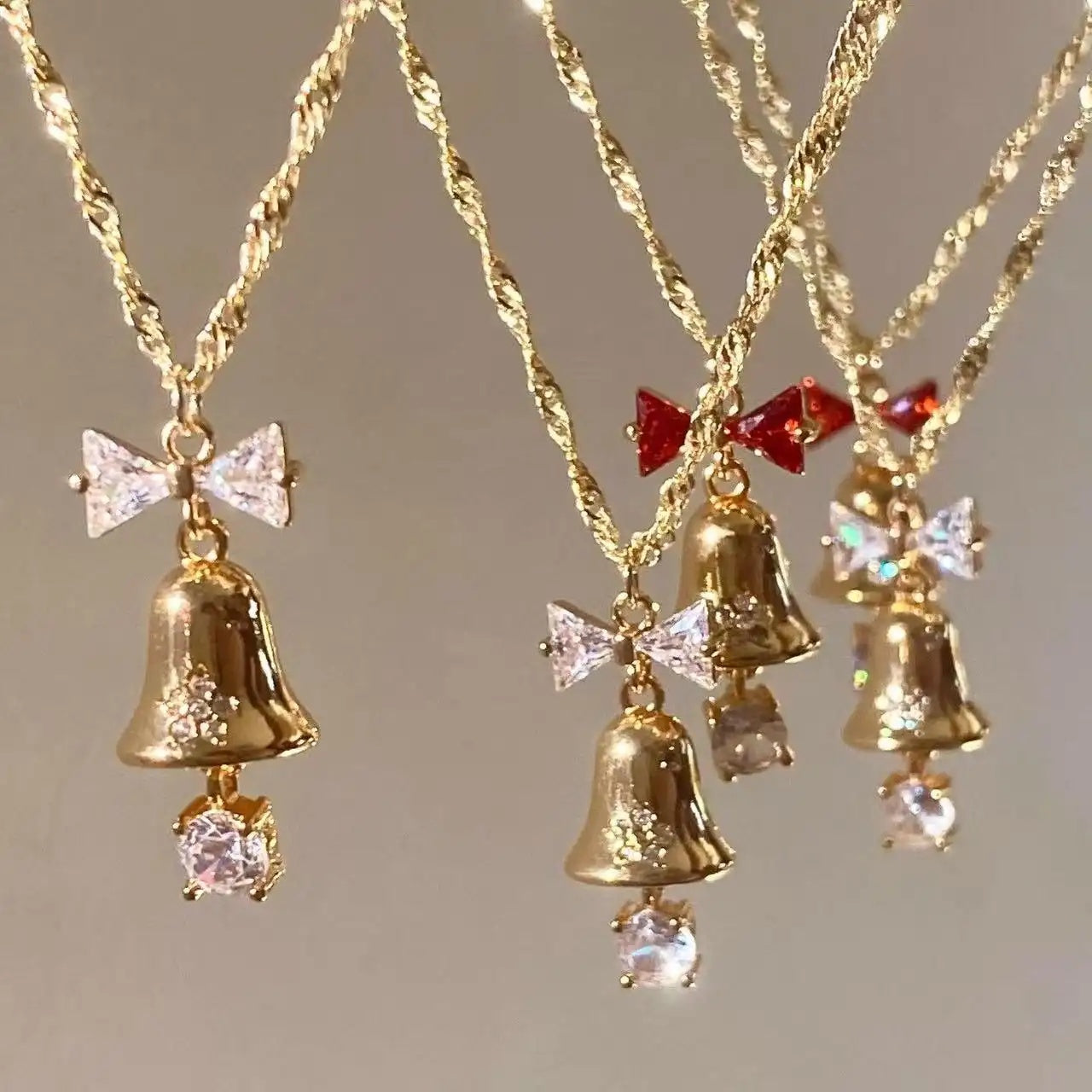 Festive Bell and Bow Pendant Necklace