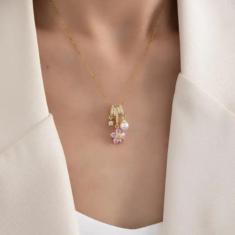 Five-Petal Flower Circle Pendant Necklace