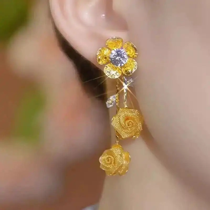 Floral Diamond Long Tassel Drop Earrings