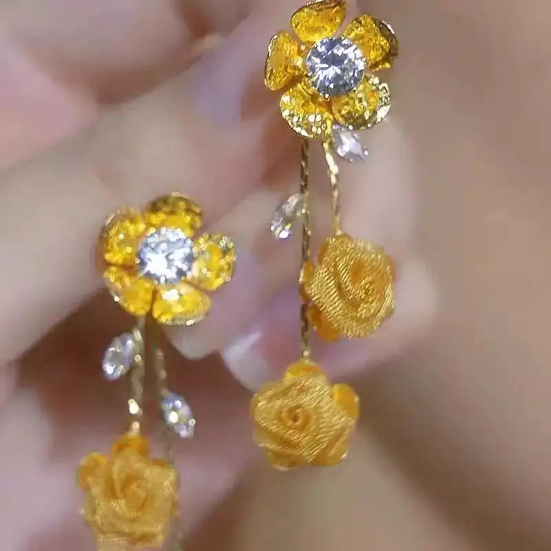 Floral Diamond Long Tassel Drop Earrings