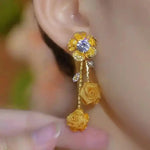 Floral Diamond Long Tassel Drop Earrings