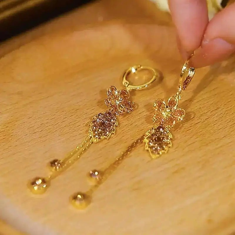 Floral Leaf Tassel Crystal Drop Earrings