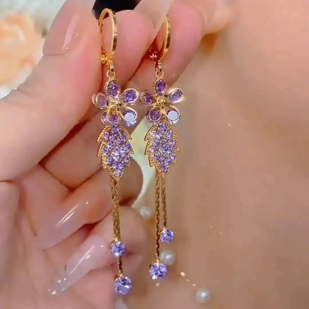 Floral Leaf Tassel Crystal Drop Earrings