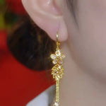 Floral Leaf Tassel Crystal Drop Earrings