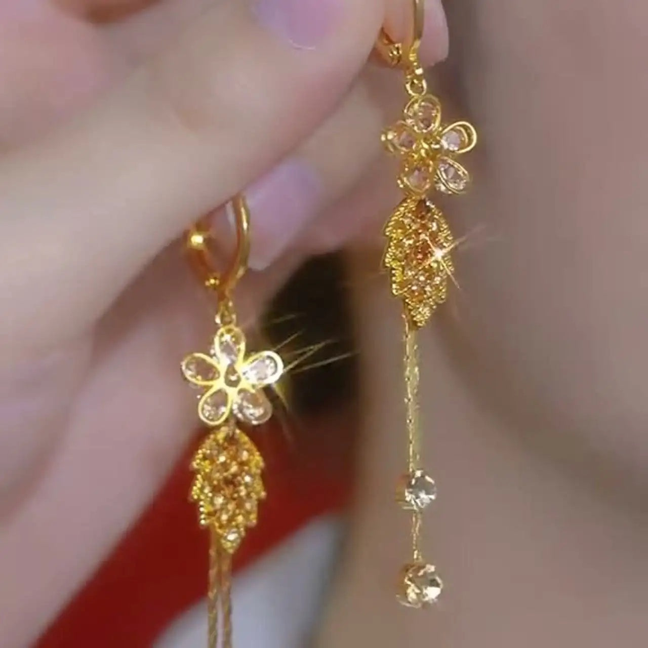 Floral Leaf Tassel Crystal Drop Earrings