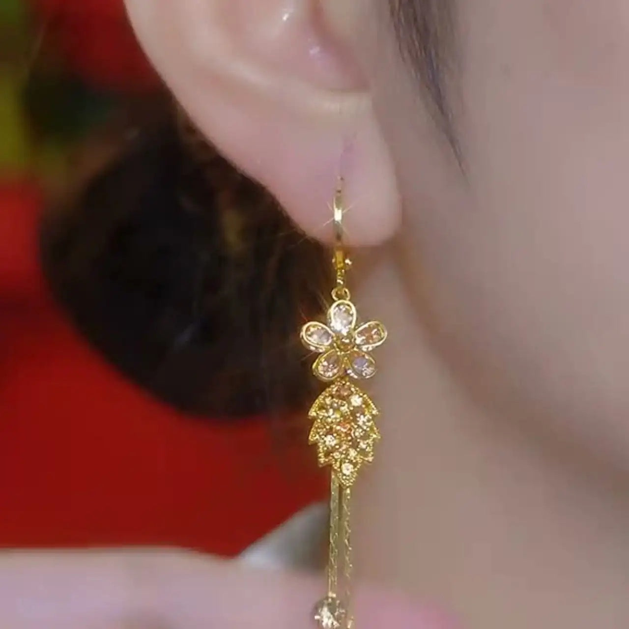 Floral Leaf Tassel Crystal Drop Earrings