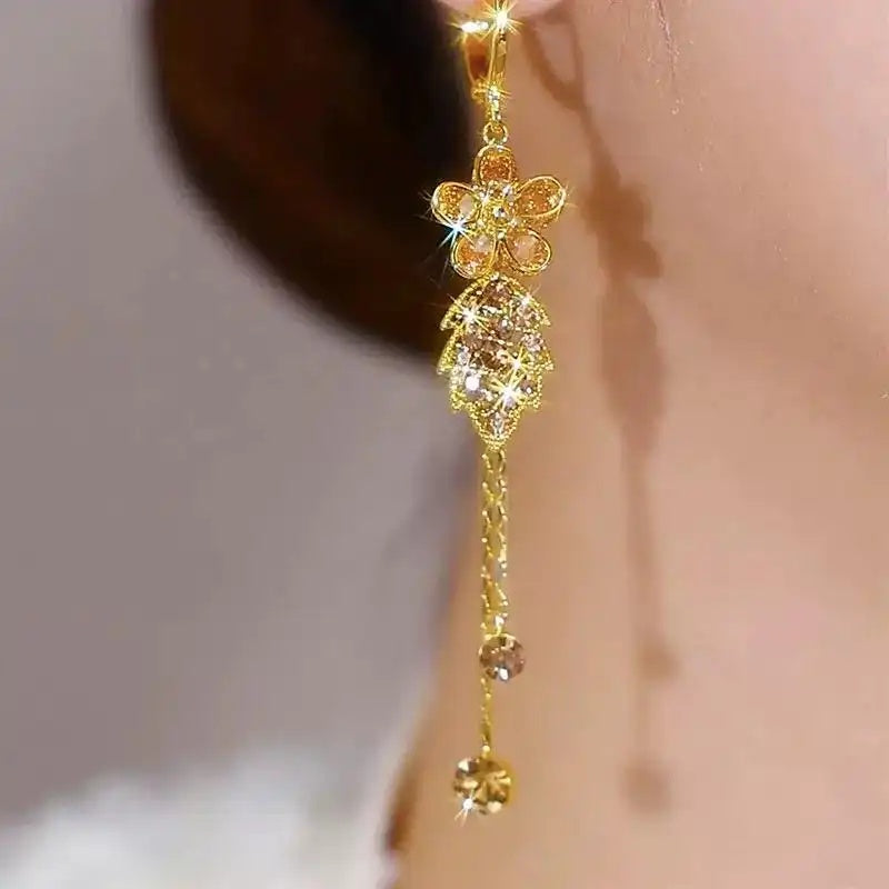 Floral Leaf Tassel Crystal Drop Earrings