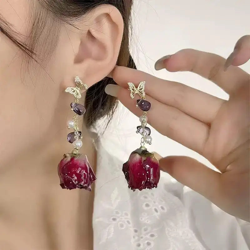 Forest Crystal Butterfly Preserved Flower Earrings