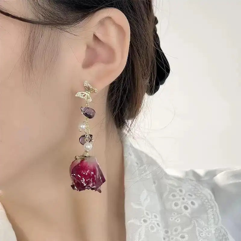 Forest Crystal Butterfly Preserved Flower Earrings