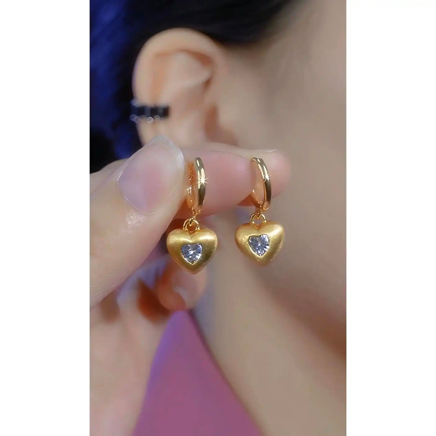 French Brushed Crystal Hollow Heart Ear Cuffs